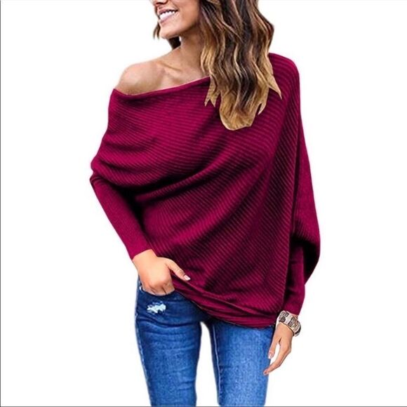 NEW Off Shoulder Batwing Sleeve Pullover Sweater - Picture 1 of 5